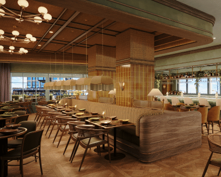 Interior render of the newly announced Théa Rooftop Mediterranean restaurant coming to Knox Street